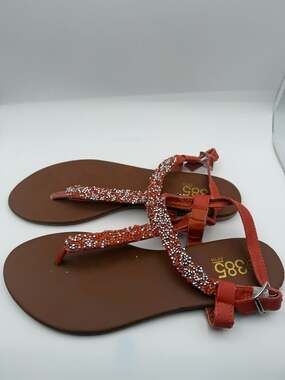 385 fifth Orange Rhinestone T-Strap Ankle Strap Flat Sandals 9